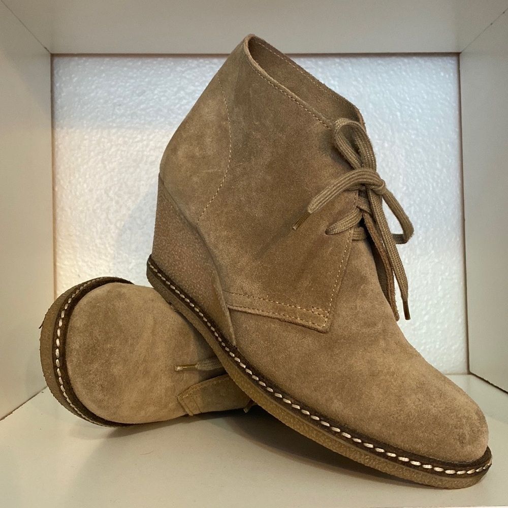 J.Crew Suede Desert Wedge Booties Taupe Tan Ankle Minimalist Classic Neutral